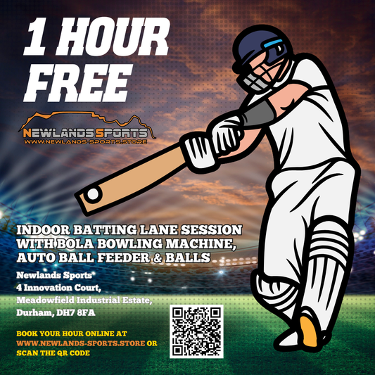 Advertisement for Newlands Sports offering an indoor batting lane session with a cricket player illustration.